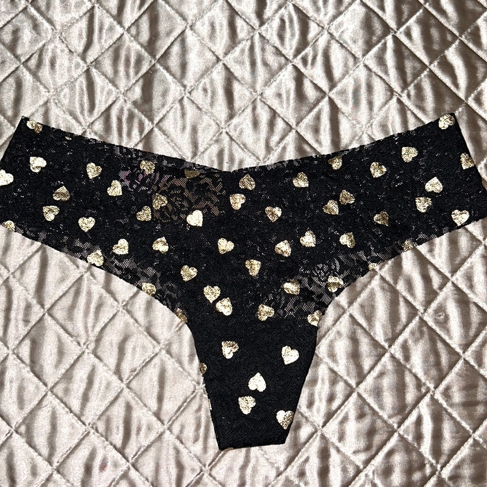 Pink by Victoria secret gold hearts stretchy all over lace  thong panties